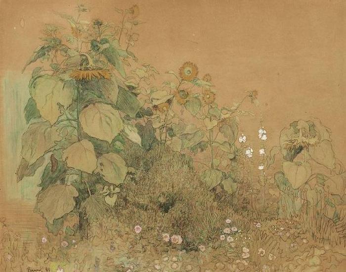 Paul Baum Gartenstuck mit grober und kleineren Sonnenblumen, Malven und anderen Blumen oil painting picture